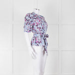 Me+Em White Blue Pink Floral Print Puffed Sleeve Tie Knot Top