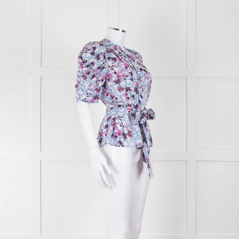 Me+Em White Blue Pink Floral Print Puffed Sleeve Tie Knot Top