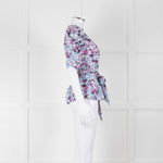 Me+Em White Blue Pink Floral Print Puffed Sleeve Tie Knot Top