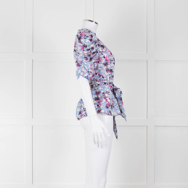 Me+Em White Blue Pink Floral Print Puffed Sleeve Tie Knot Top