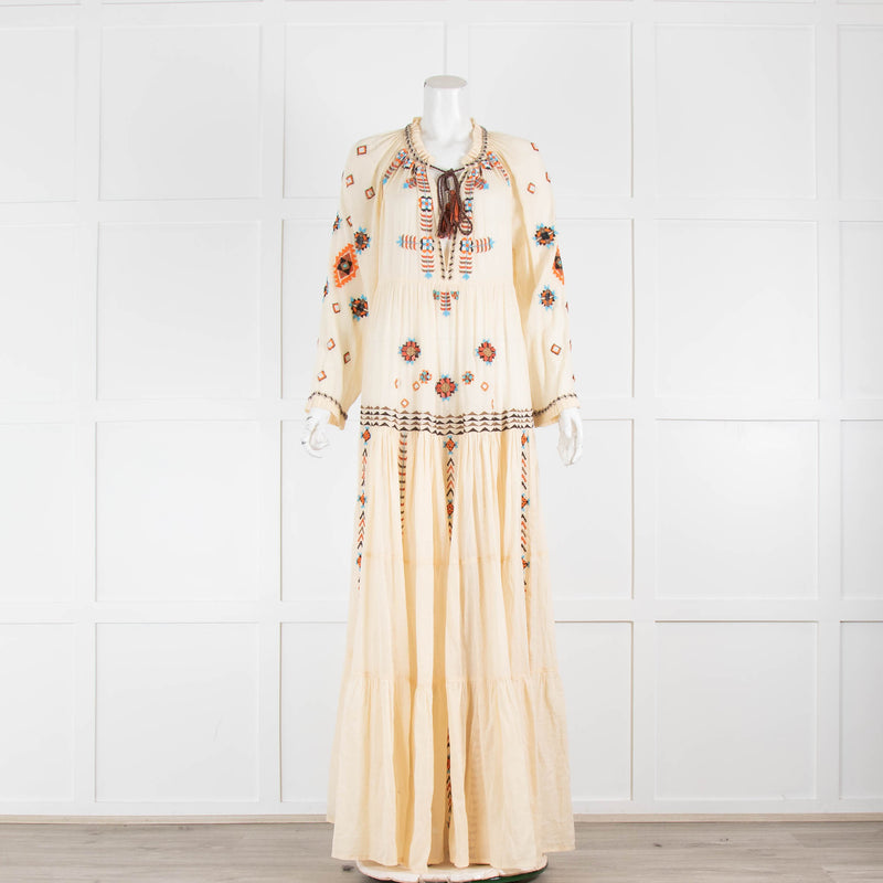 Fortella Arsia Long Sleeve Floaty Embroidered Maxi Dress With Tassels