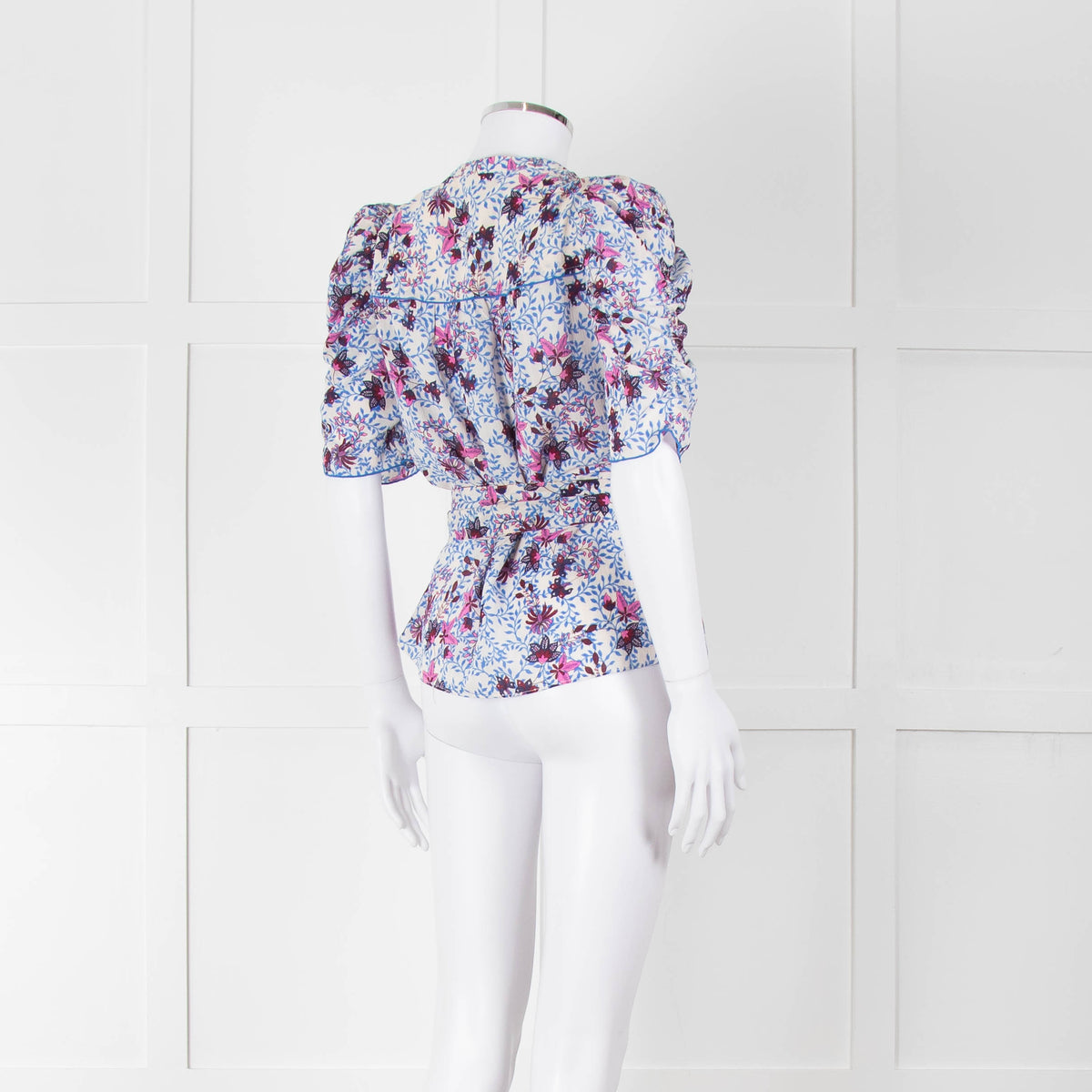 Me+Em White Blue Pink Floral Print Puffed Sleeve Tie Knot Top