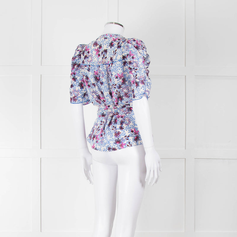 Me+Em White Blue Pink Floral Print Puffed Sleeve Tie Knot Top
