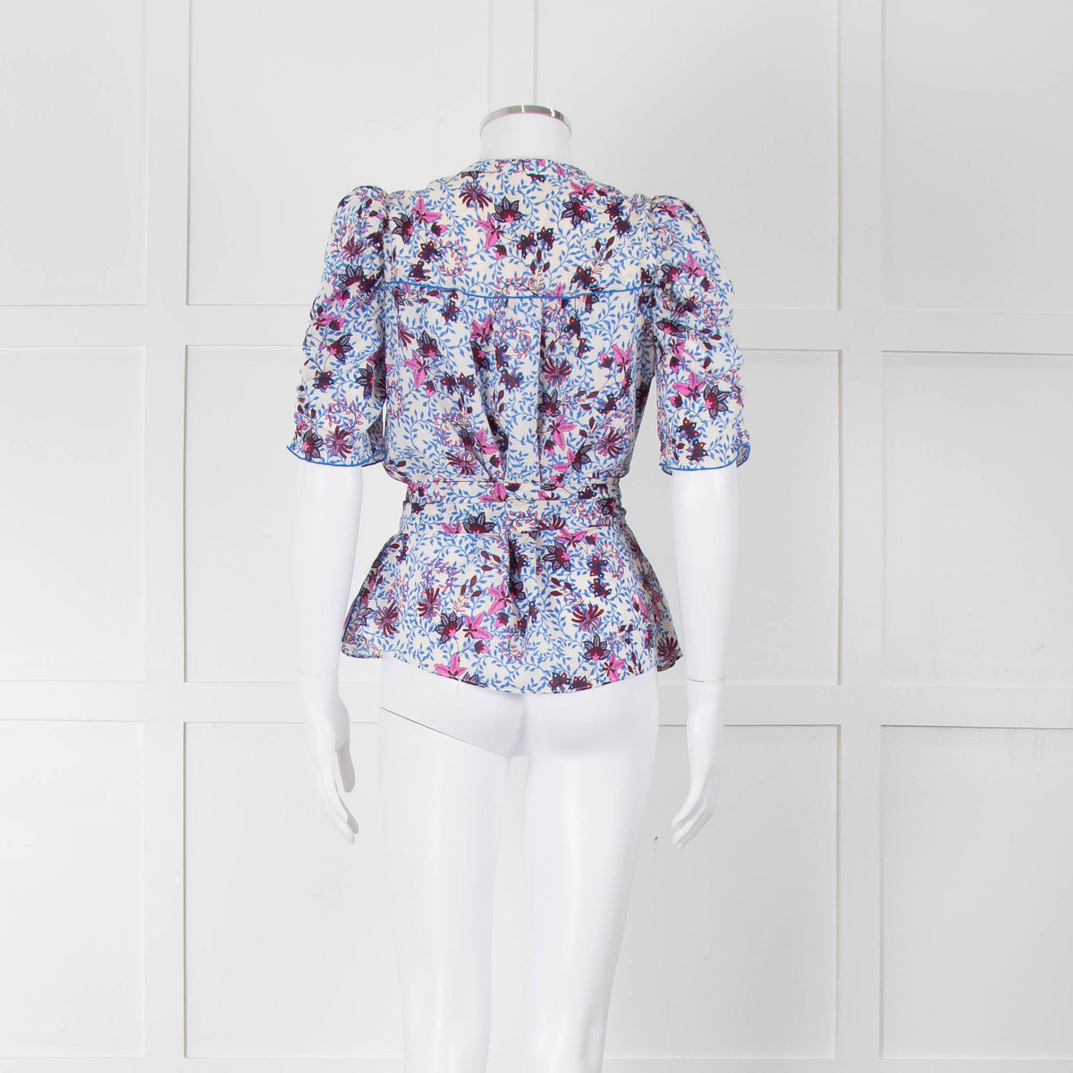 Me+Em White Blue Pink Floral Print Puffed Sleeve Tie Knot Top