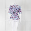 Me+Em White Blue Pink Floral Print Puffed Sleeve Tie Knot Top
