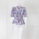 Me+Em White Blue Pink Floral Print Puffed Sleeve Tie Knot Top