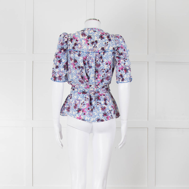 Me+Em White Blue Pink Floral Print Puffed Sleeve Tie Knot Top