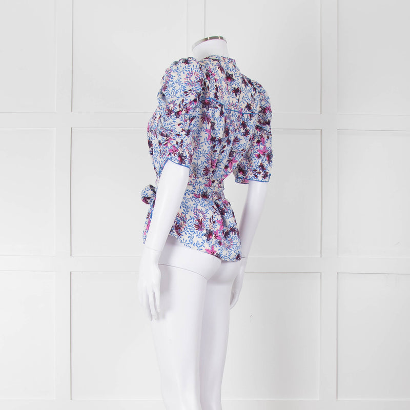 Me+Em White Blue Pink Floral Print Puffed Sleeve Tie Knot Top