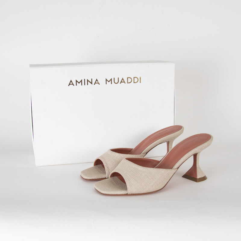Amina Muaddi Beige Woven Lupita Slippers