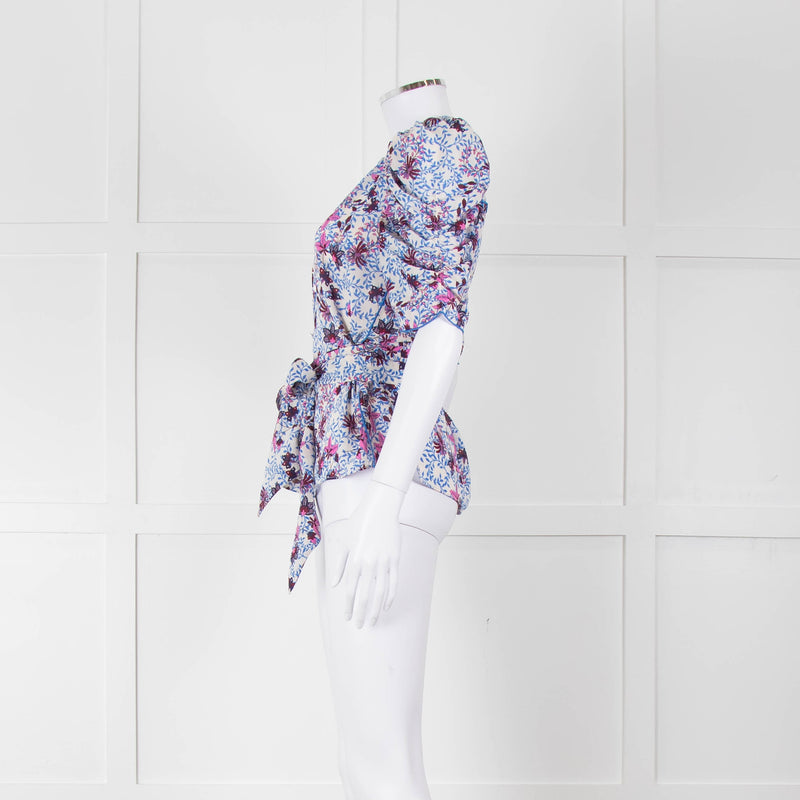 Me+Em White Blue Pink Floral Print Puffed Sleeve Tie Knot Top