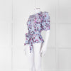 Me+Em White Blue Pink Floral Print Puffed Sleeve Tie Knot Top