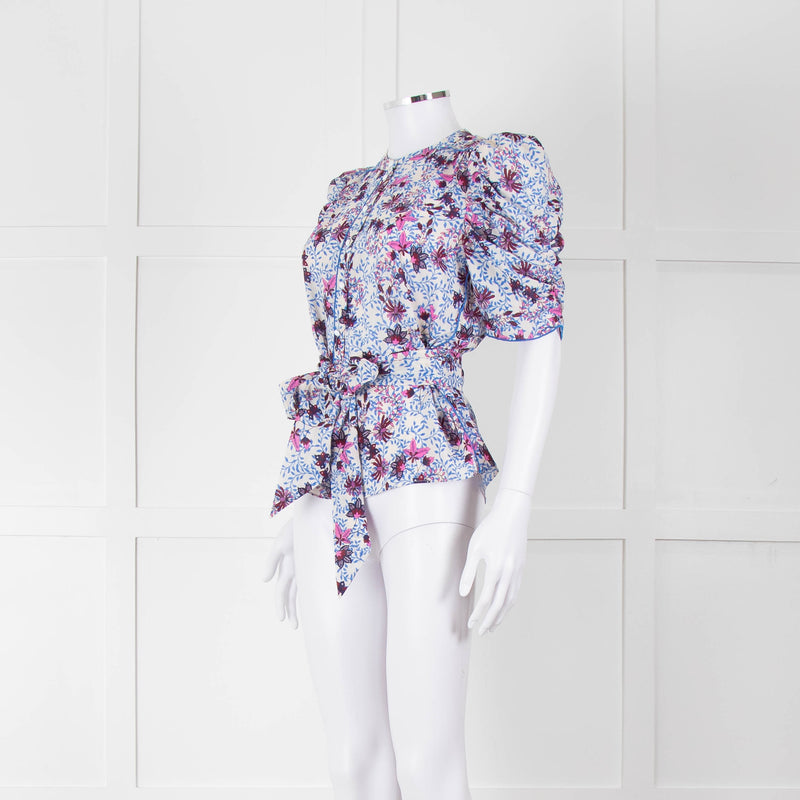 Me+Em White Blue Pink Floral Print Puffed Sleeve Tie Knot Top