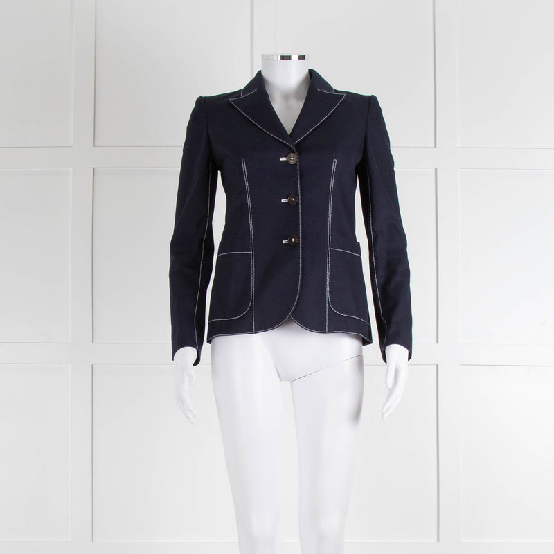 Alexander McQueen Navy White Stitch Detail Cotton Blazer Jacket