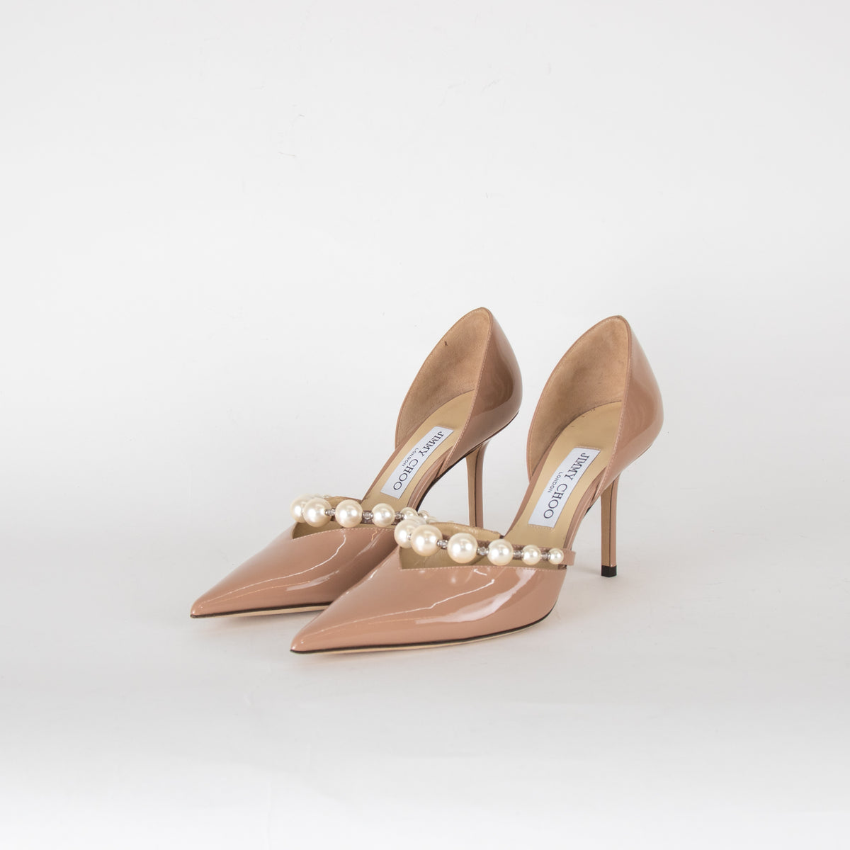 Jimmy Choo Aurelie Beige Patent Pearl and Crystal Heels