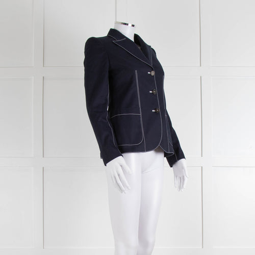 Alexander McQueen Navy White Stitch Detail Cotton Blazer Jacket