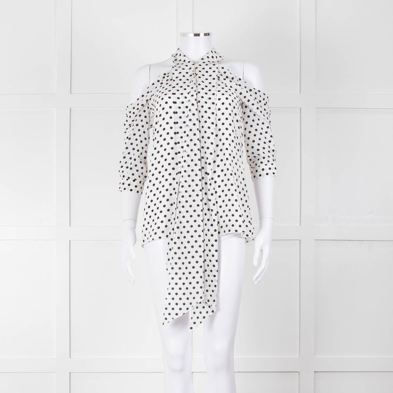 Erdem White Black Polka Dot Cut Out Shoulder Silk Top