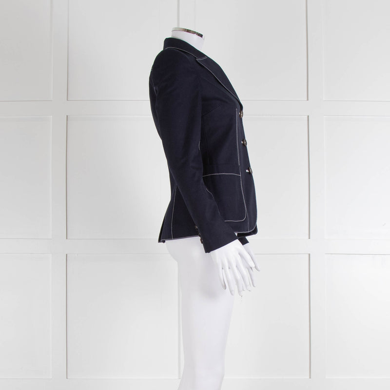 Alexander McQueen Navy White Stitch Detail Cotton Blazer Jacket