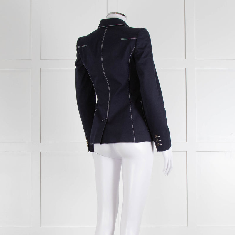 Alexander McQueen Navy White Stitch Detail Cotton Blazer Jacket
