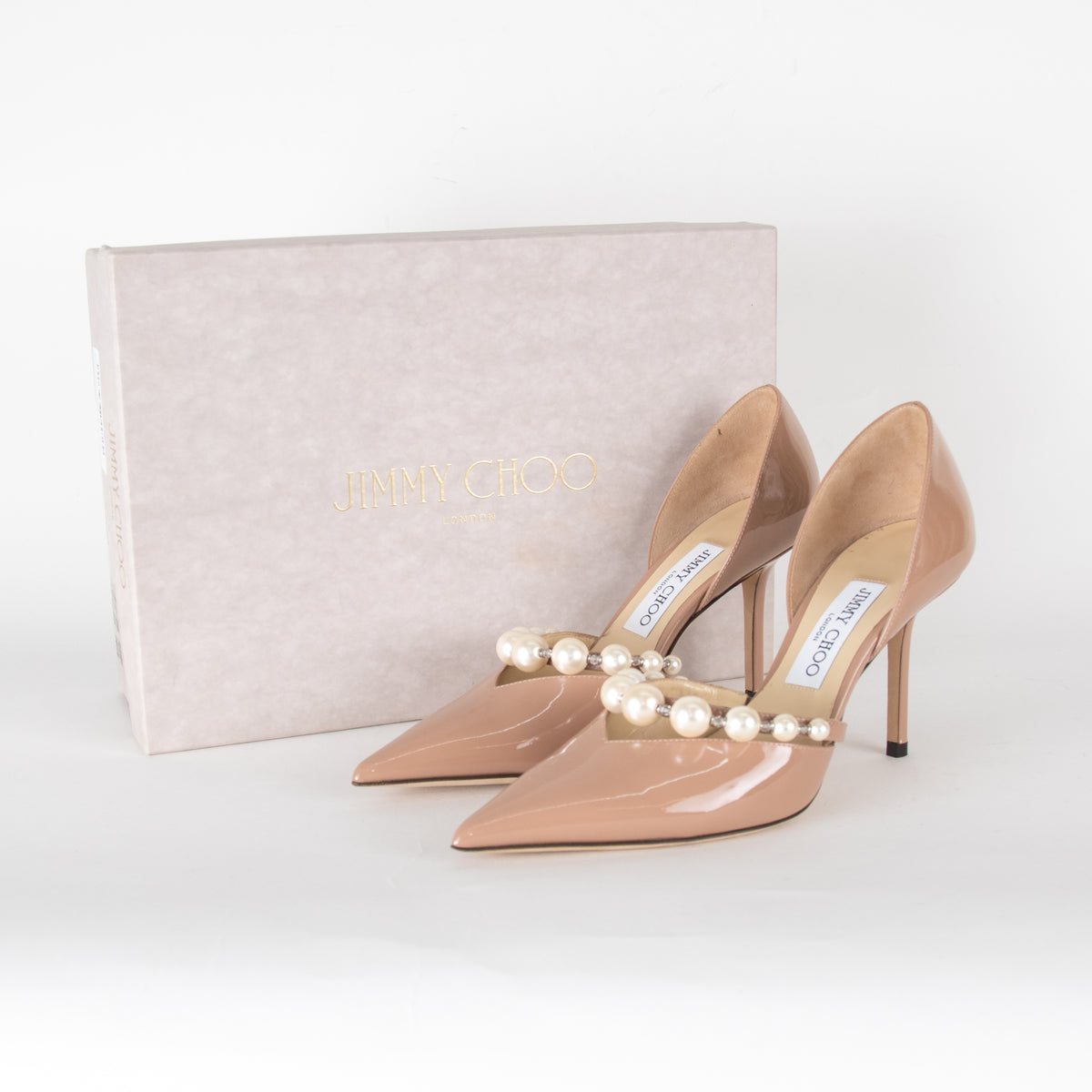 Jimmy Choo Aurelie Beige Patent Pearl and Crystal Heels