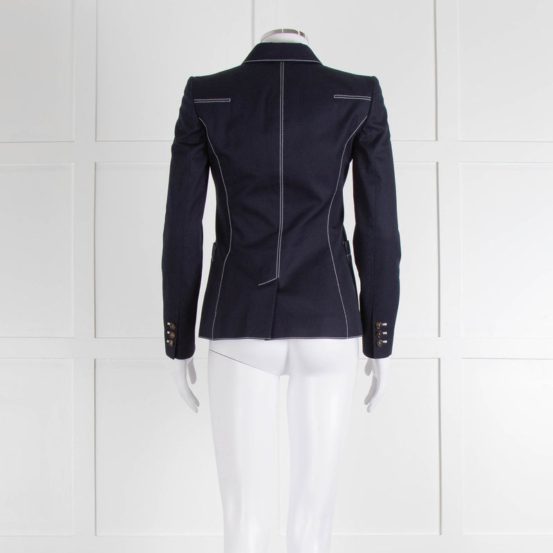 Alexander McQueen Navy White Stitch Detail Cotton Blazer Jacket