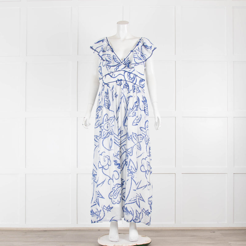 Le Sirenuse Positano Frida Paisley Cotton Blue and White Pattern S/Less Maxi Dress