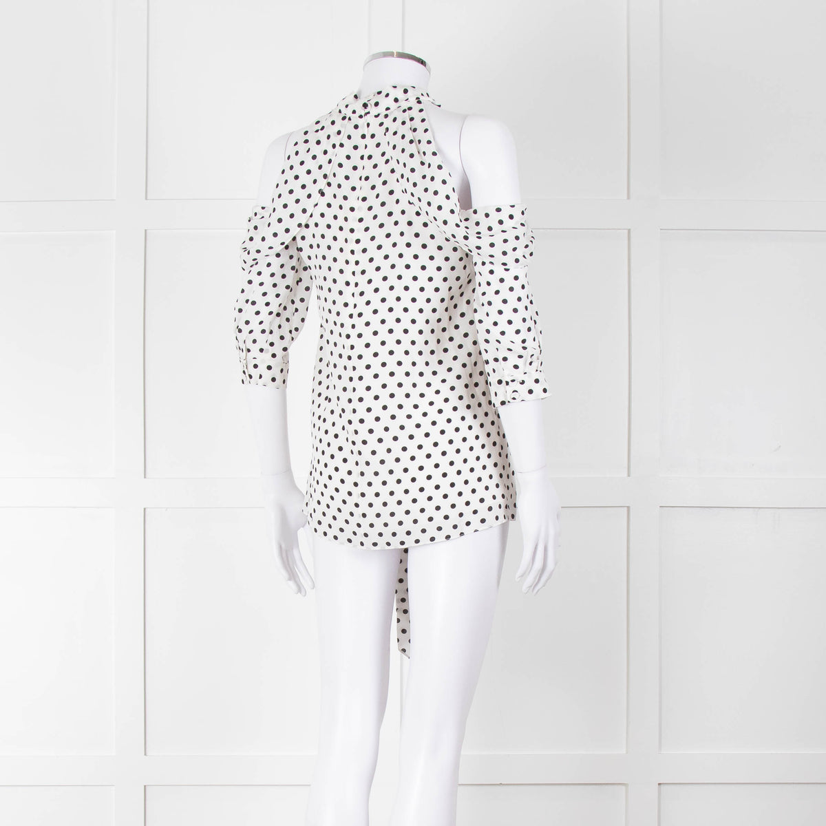 Erdem White Black Polka Dot Cut Out Shoulder Silk Top