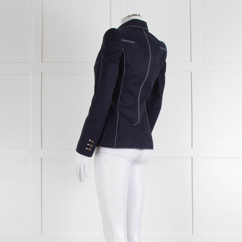 Alexander McQueen Navy White Stitch Detail Cotton Blazer Jacket