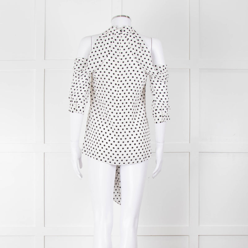 Erdem White Black Polka Dot Cut Out Shoulder Silk Top