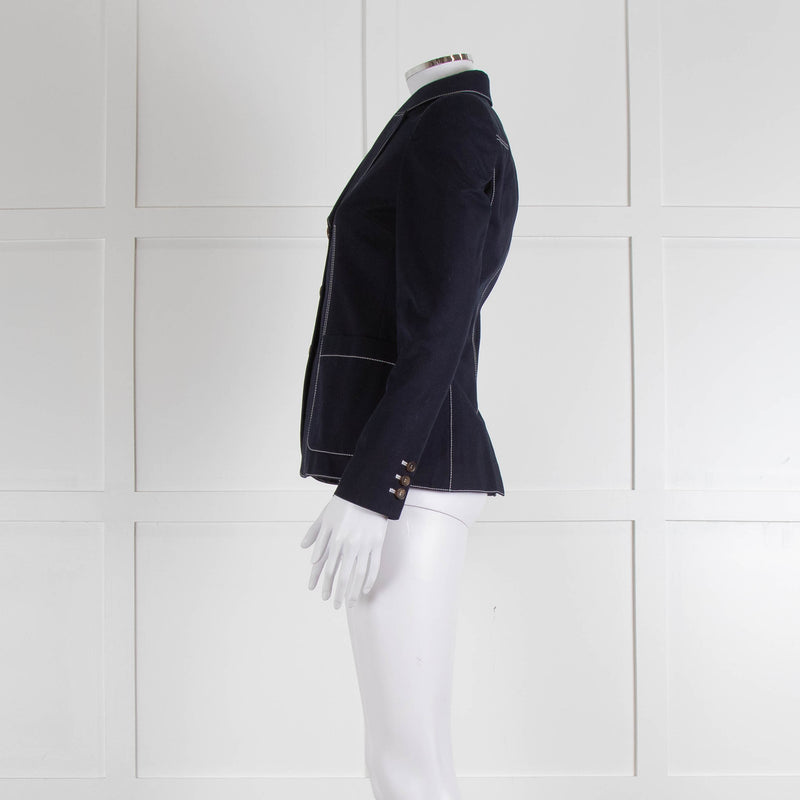 Alexander McQueen Navy White Stitch Detail Cotton Blazer Jacket