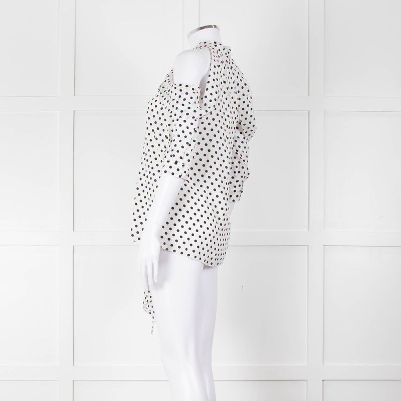 Erdem White Black Polka Dot Cut Out Shoulder Silk Top