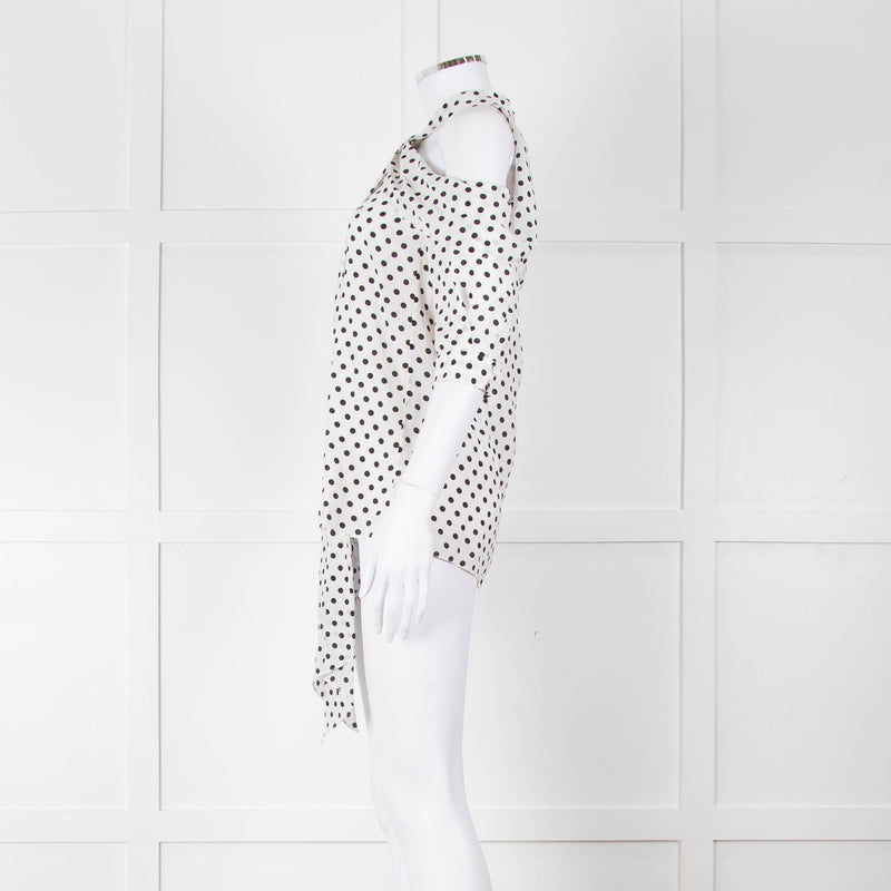 Erdem White Black Polka Dot Cut Out Shoulder Silk Top