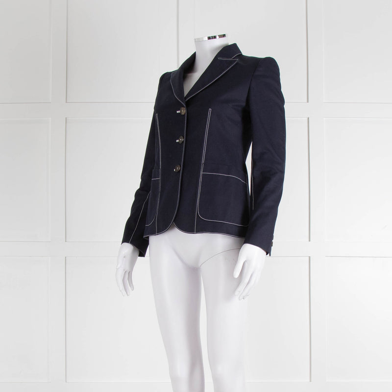Alexander McQueen Navy White Stitch Detail Cotton Blazer Jacket