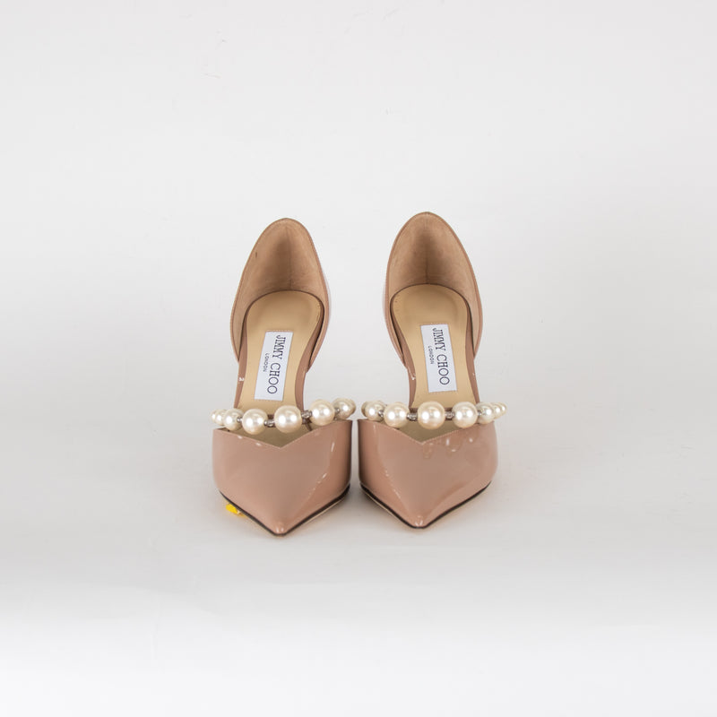 Jimmy Choo Aurelie Beige Patent Pearl and Crystal Heels