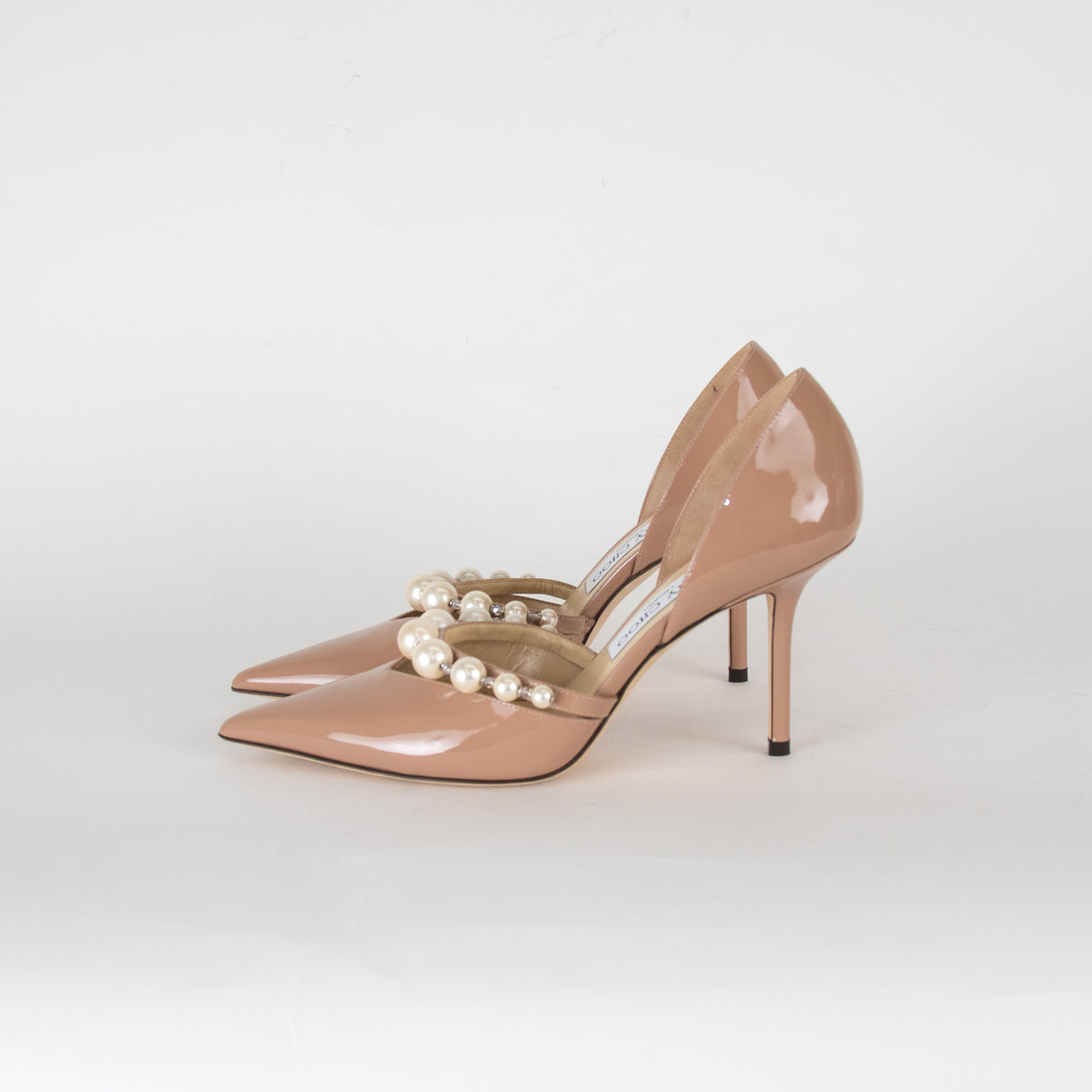 Jimmy Choo Aurelie Beige Patent Pearl and Crystal Heels