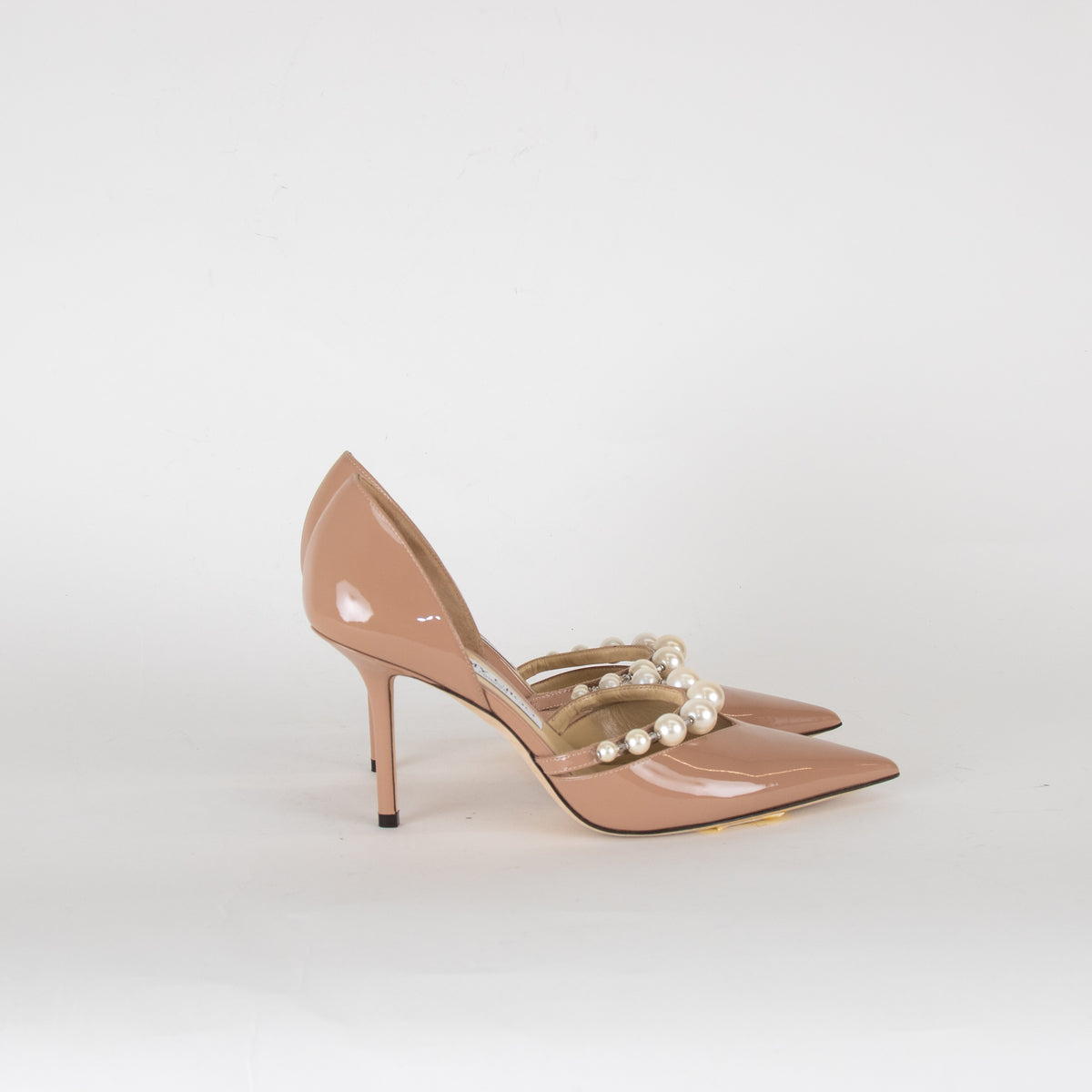 Jimmy Choo Aurelie Beige Patent Pearl and Crystal Heels