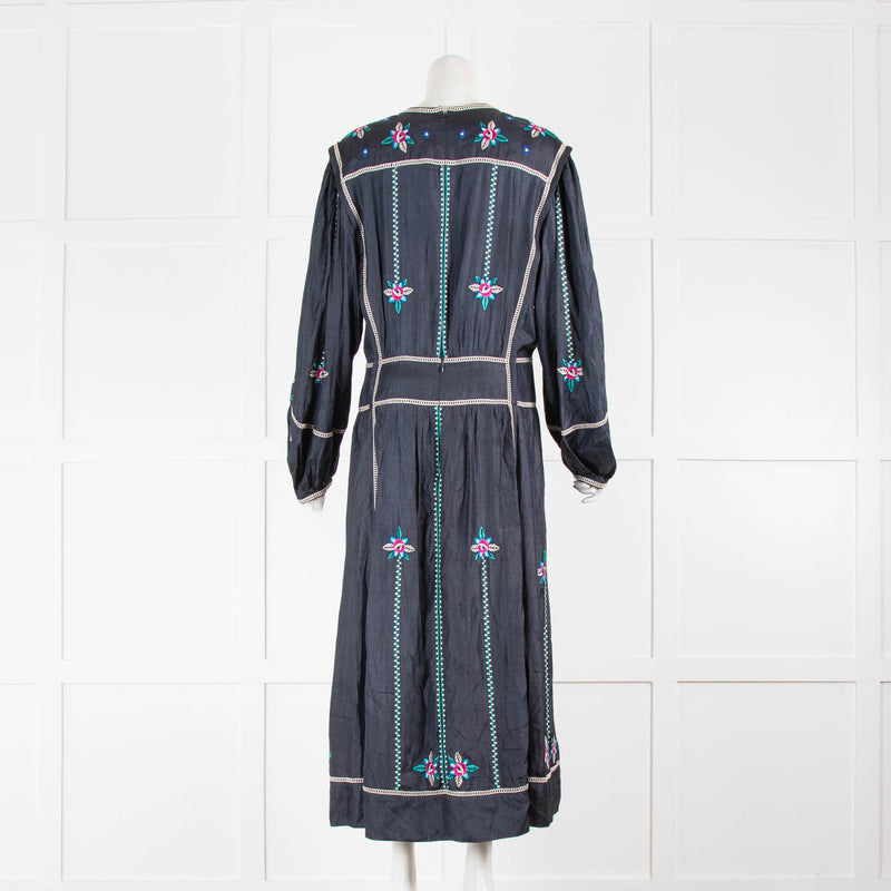 Isabel Marant Navy Silk With Floral Embroidery Print Dress