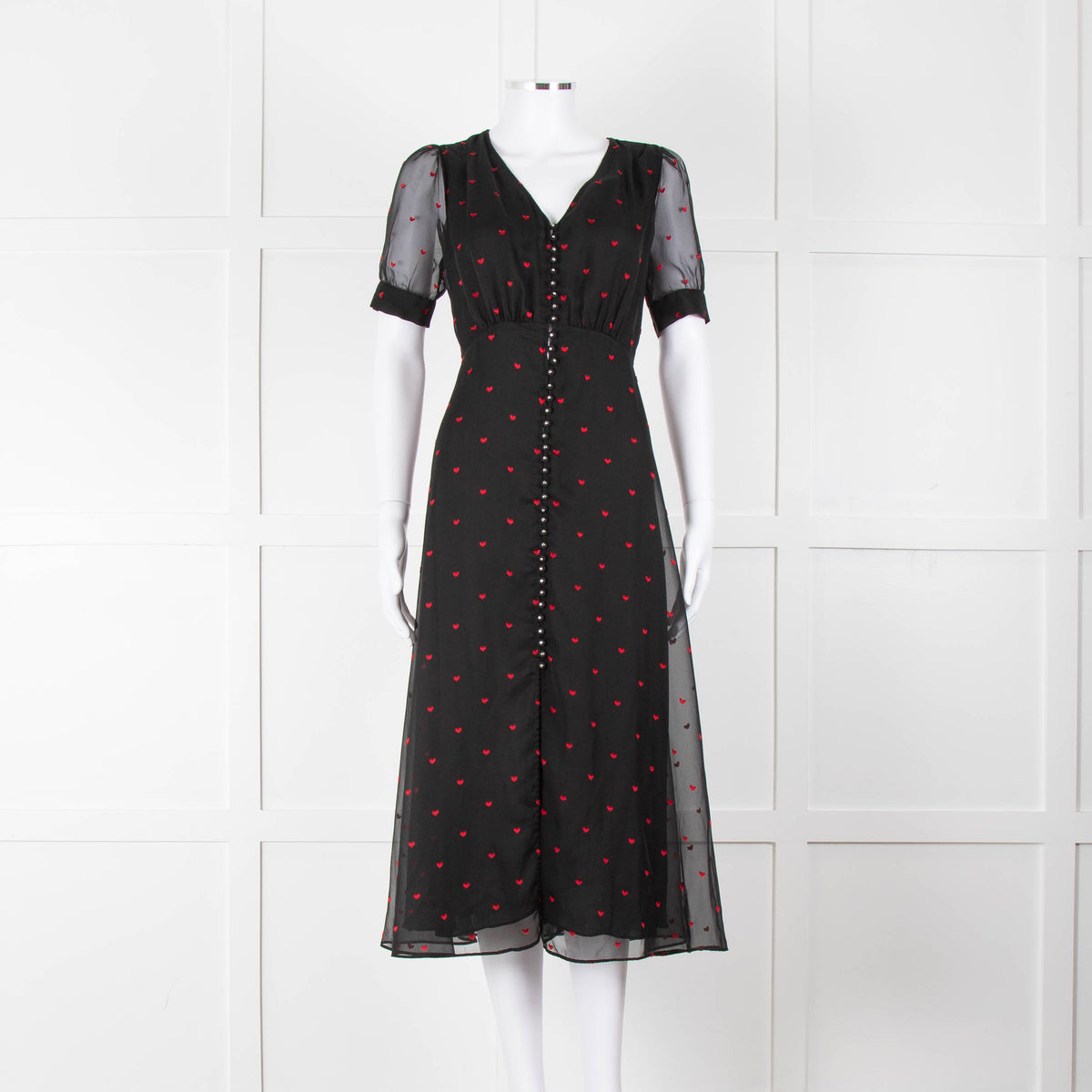 The Kooples Black Pink Heart Short Sleeve Midi Dress