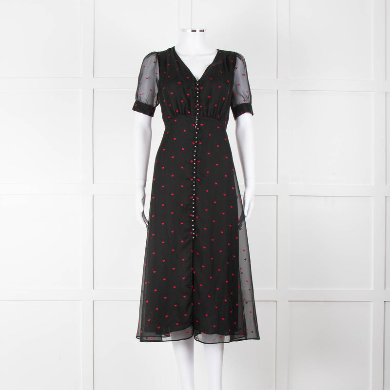 The Kooples Black Pink Heart Short Sleeve Midi Dress
