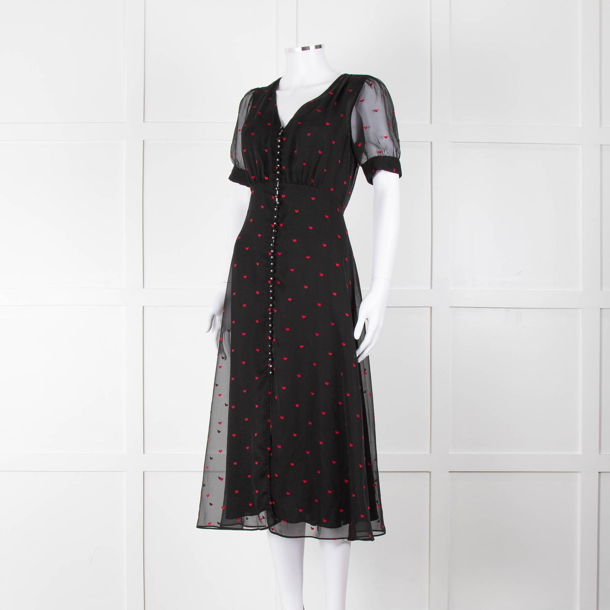 The Kooples Black Pink Heart Short Sleeve Midi Dress
