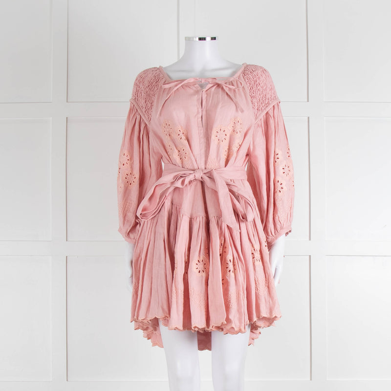 Innika Choo Peach Embroidered Mini Belted Linen Dress