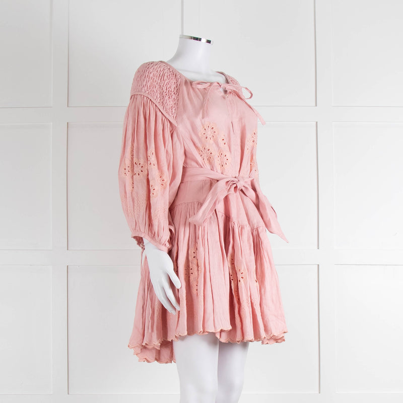Innika Choo Peach Embroidered Mini Belted Linen Dress