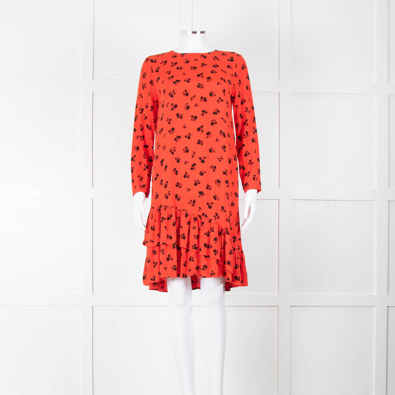 Ganni Orange Black Print Frill Trim Short Dress