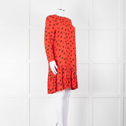 Ganni Orange Black Print Frill Trim Short Dress