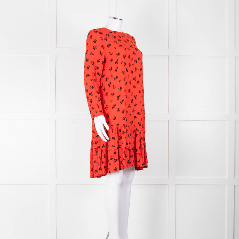Ganni Orange Black Print Frill Trim Short Dress