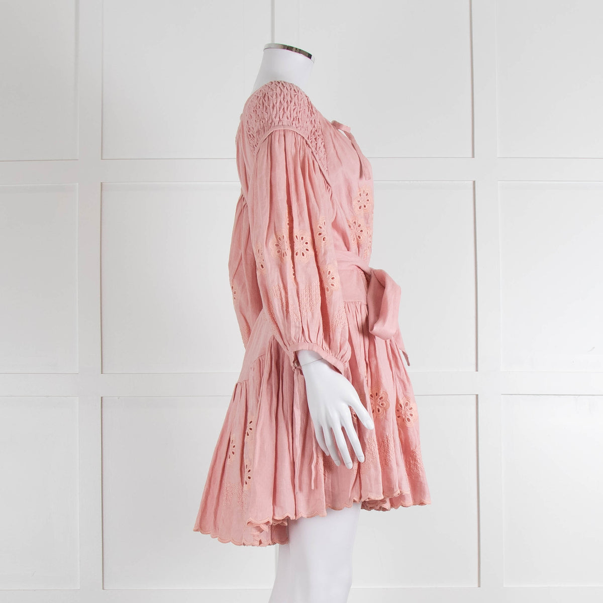 Innika Choo Peach Embroidered Mini Belted Linen Dress