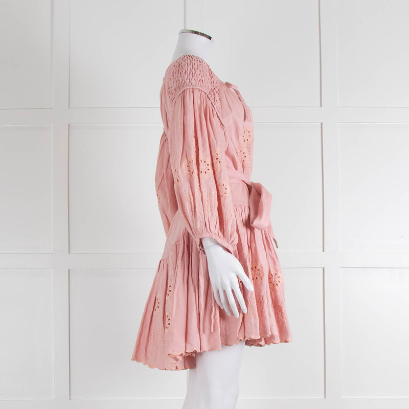 Innika Choo Peach Embroidered Mini Belted Linen Dress