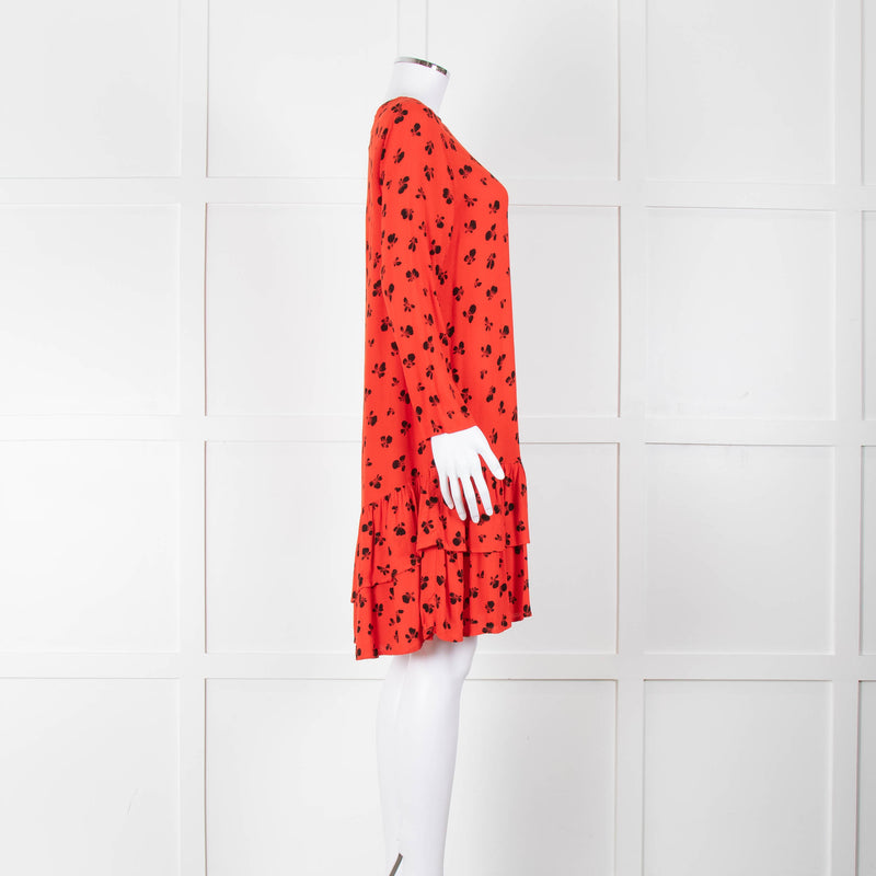 Ganni Orange Black Print Frill Trim Short Dress