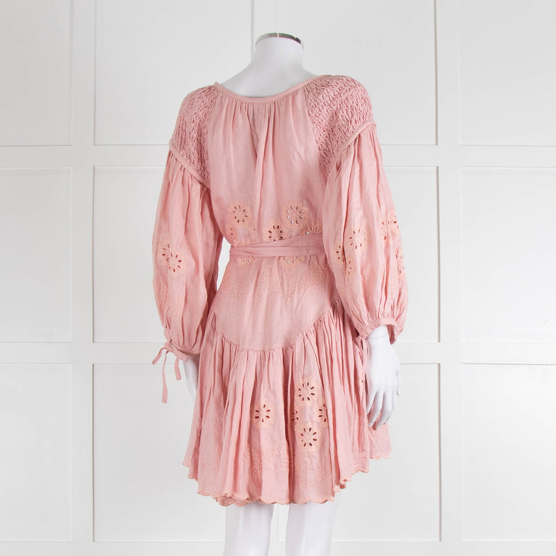 Innika Choo Peach Embroidered Mini Belted Linen Dress