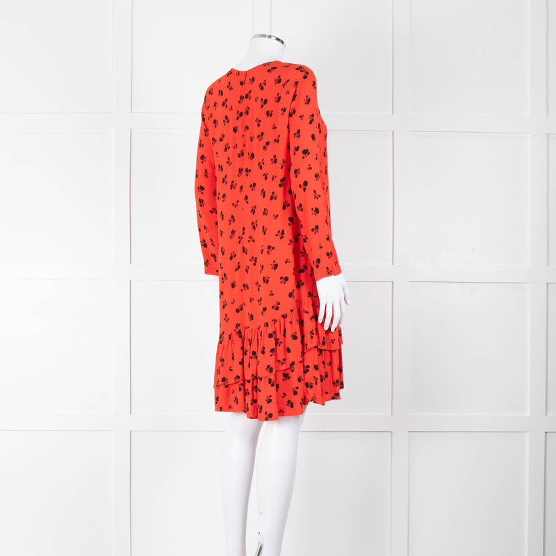 Ganni Orange Black Print Frill Trim Short Dress