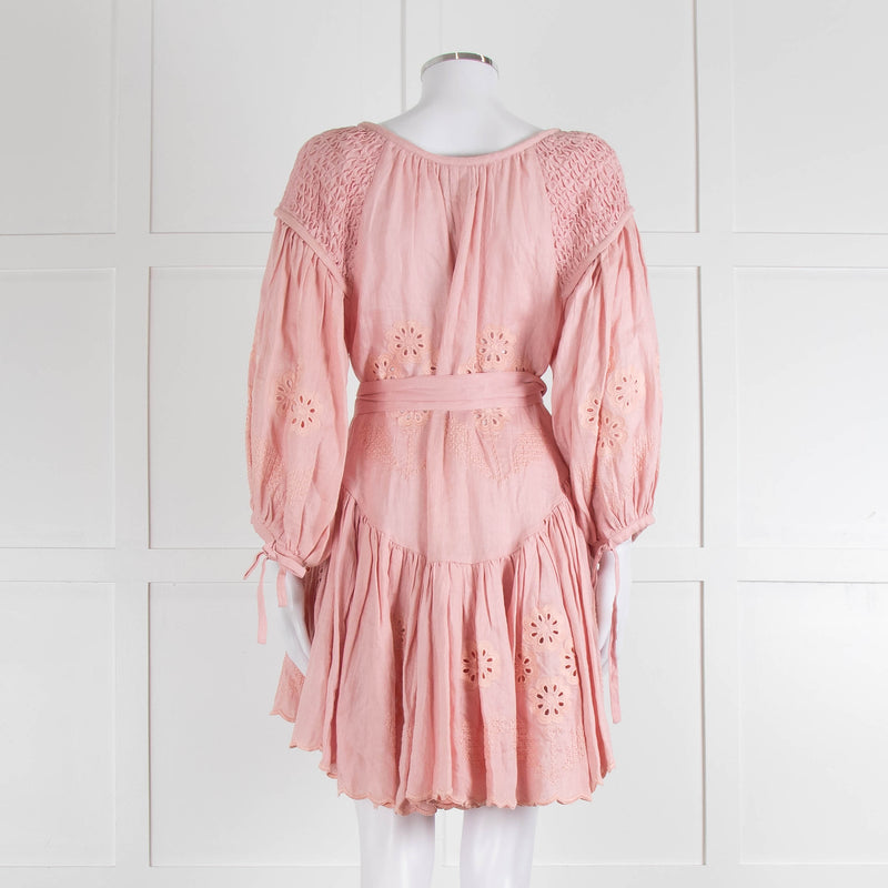 Innika Choo Peach Embroidered Mini Belted Linen Dress